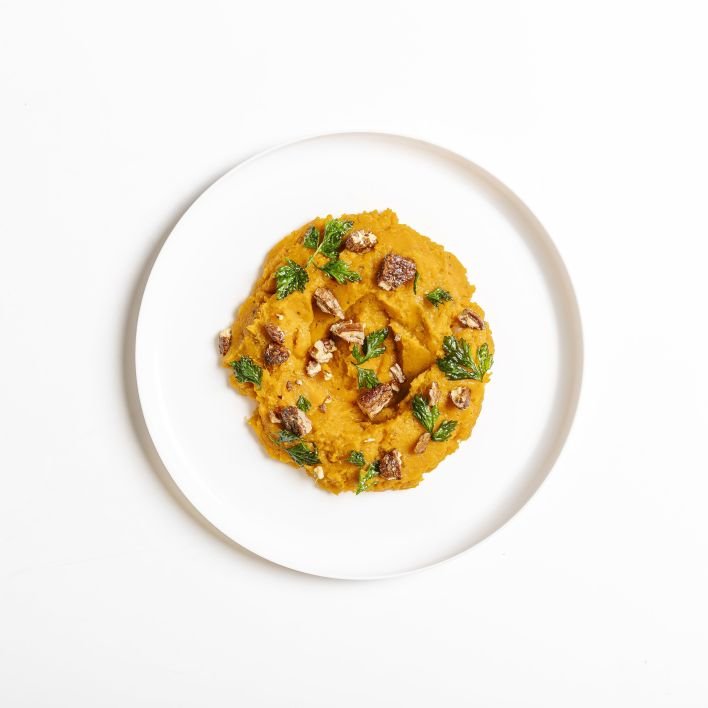 Smashed Sweet Potatoes with lovage and candied pecans - Price varies with selection