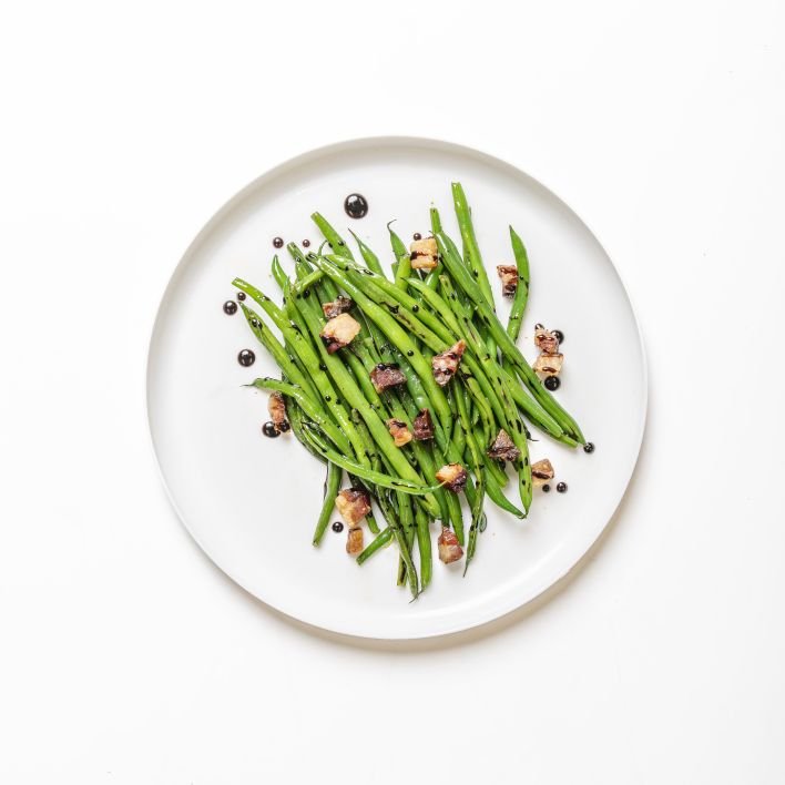 Sauteed French beans with aged balsamic and Guanciale Crumble - Price varies with selection